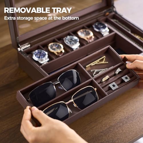 ProCase Men's Jewelry Box, 5-Slot Watch Display Case Jewellry Storage Organizer for Sunglasses Rings Accessories with Hidden Compartment, Watch Holder with Glass Lid, Fathers Day Gift -Espresso