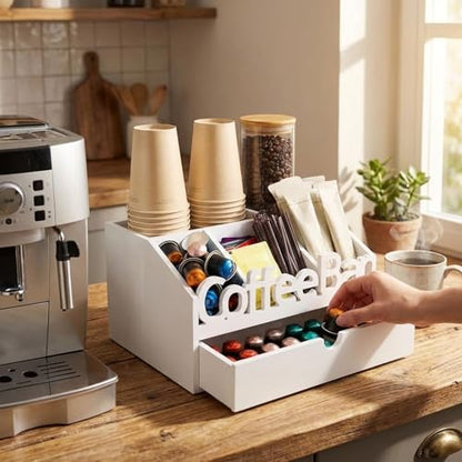 Coffee Bar Organizer Countertop,Wood Coffee Station with Drawer,Home&Office | K-Cups, Tea Bags, Sugar Packets & Creamers