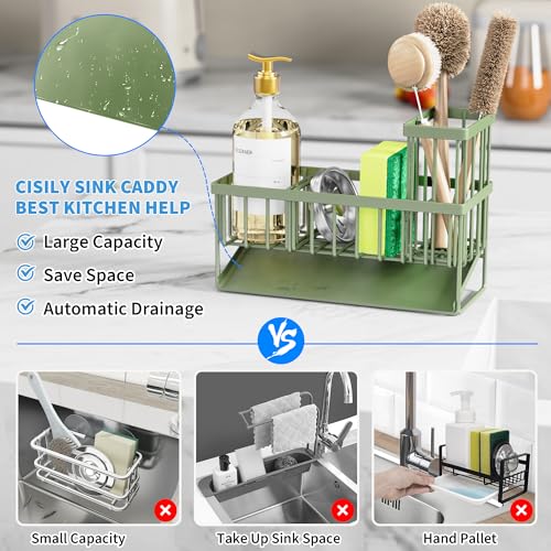 Kitchen Sink Caddy, Sponge Holder for Kitchen Sink, Kitchen Sink Organzier and Storage with High Brush Holder, 304 Stainless Gadgets Sink Accessories, Organizadores de Cocina Sage Green
