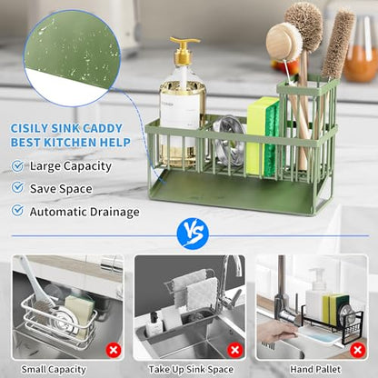 Kitchen Sink Caddy, Sponge Holder for Kitchen Sink, Kitchen Sink Organzier and Storage with High Brush Holder, 304 Stainless Gadgets Sink Accessories, Organizadores de Cocina Sage Green