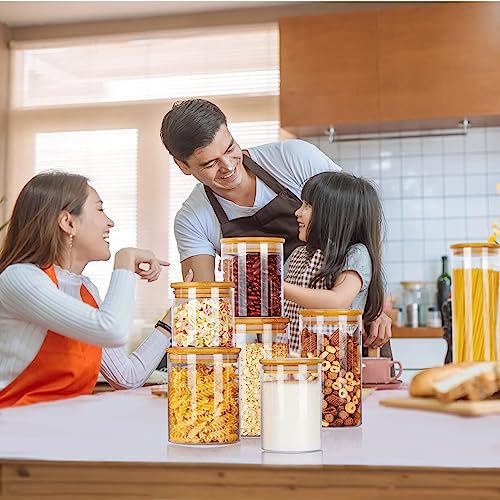 Vtopmart Glass Food Storage Jars, 7 Pack Kitchen Containers with Airtight Bamboo Wooden Lids for Pasta, Cookies, Nuts, Coffee Beans, Cereal, Canisters Set for Flour, Pantry Organization, BPA Free