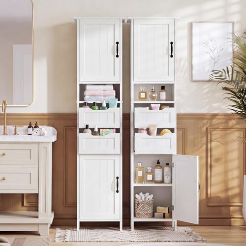 67" Tall Bathroom Storage Cabinet, Narrow Bathroom Cabinet with 2 Doors, 2 Drawers and 2 Adjustable Shelves, Slim Storage Cabinets for Kitchen, Living Room, Entryway, White