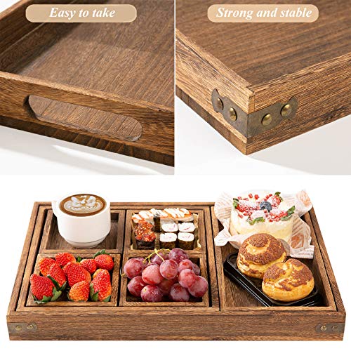 Rustic Wooden Serving Trays with Handle - Set of 7 Rectangular Platters for Entertaining, Breakfast, Coffee Table, Home Decor | 4 Sizes Tray-Snacks to Entrees,Decorative Serving Platter for Breakfast Bed,Lunch,Ottoman,Coffee Table,BBQ-Great for Lap&Sofa