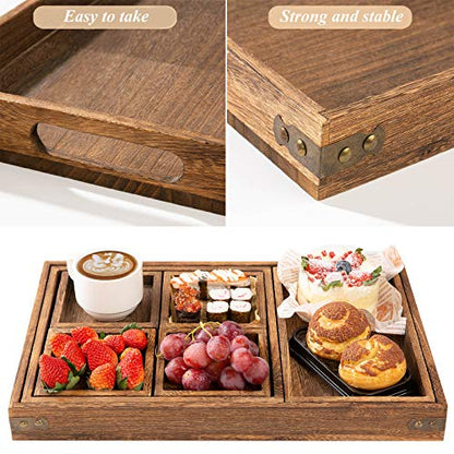 Rustic Wooden Serving Trays with Handle - Set of 7 Rectangular Platters for Entertaining, Breakfast, Coffee Table, Home Decor | 4 Sizes Tray-Snacks to Entrees,Decorative Serving Platter for Breakfast Bed,Lunch,Ottoman,Coffee Table,BBQ-Great for Lap&Sofa