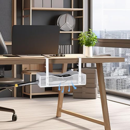 Extra Wide Under Desk Cable Management - 7inch No Drill Installation Cable Management Tray, Clamp/Screw Mount Desk Cable Management, Cable Management Tray for Office, Home((White, XL)