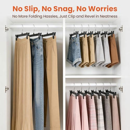 HOUSE DAY Black Pants Hangers with Clips 30 Pack, 12 Inch Skirt Hangers | Non-slip clips hold trousers, skirts, shorts and jeans; 360° swivel hook allows easy access for everyday adult wardrobes