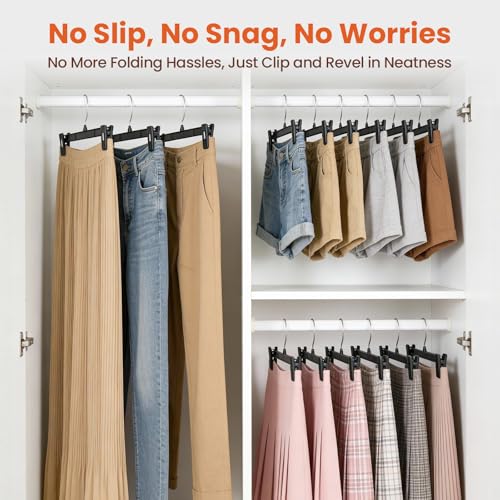 HOUSE DAY Black Pants Hangers with Clips 50 Pack, 12 Inch Skirt Hangers | Non-slip clips hold trousers, skirts, shorts and jeans; 360° swivel hook allows easy access for everyday adult wardrobes