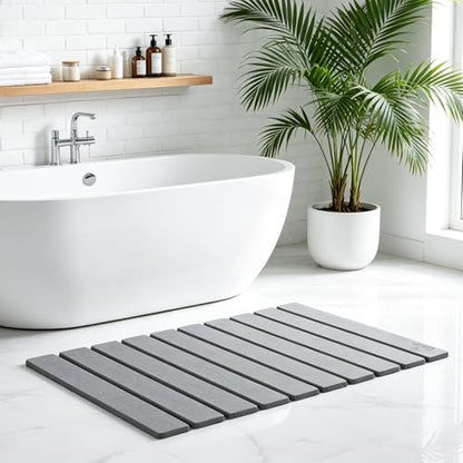 Foldable Stone Bath Mat 23.6” x 15.3” – Diatomaceous Earth Shower Mat, Super Absorbent Quick Drying, Non-Slip Diatomite Bathroom Mat for Floor, Dish Drying Mat for Kitchen, Light Grey