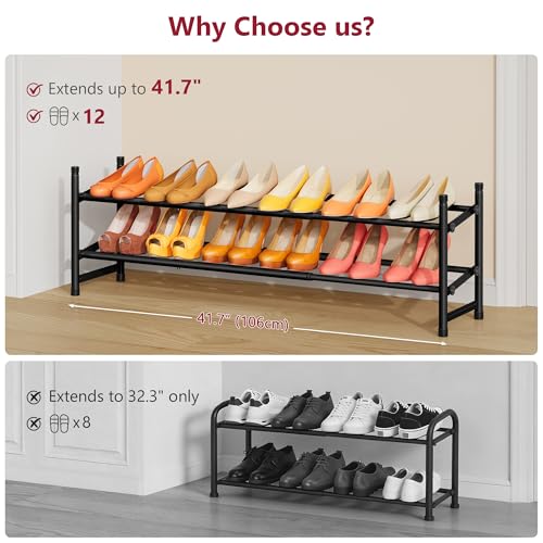 Expandable Shoe Rack for Closet 2 Tier, 28“-41“Stackable, Black | Adjustable Shoe Organizer Closet Shoe Rack Floor, Metal Shoe Shelf Storage for Entryway, Closet, Garage, Front Door Entrance