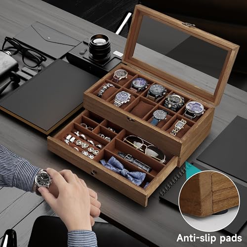 Watch Box with 10 Slots, 2-Tier Watch Case for Large Dial Watches, Watch Display Case with Lid, Removable Watch Pillows, Gifts for Men Women, Watch Organizer with Drawer, Jewelry Box, Walnut