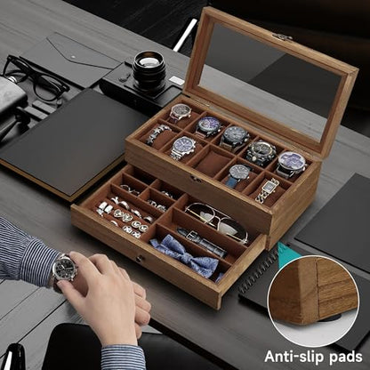 Watch Box with 10 Slots, 2-Tier Watch Case for Large Dial Watches, Watch Display Case with Lid, Removable Watch Pillows, Gifts for Men Women, Watch Organizer with Drawer, Jewelry Box, Walnut