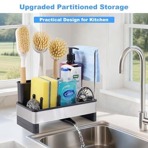 Sponge Holder for Kitchen Sink Caddy Organizer, Dish Brush Holder | Stainless Steel Sponge Caddy for Kitchen Countertop Organizer, Rustproof Dish Soap and Sponge Rack with Dishcloth Drying Rack