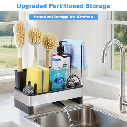 Sponge Holder for Kitchen Sink Caddy Organizer, Dish Brush Holder | Stainless Steel Sponge Caddy for Kitchen Countertop Organizer, Rustproof Dish Soap and Sponge Rack with Dishcloth Drying Rack