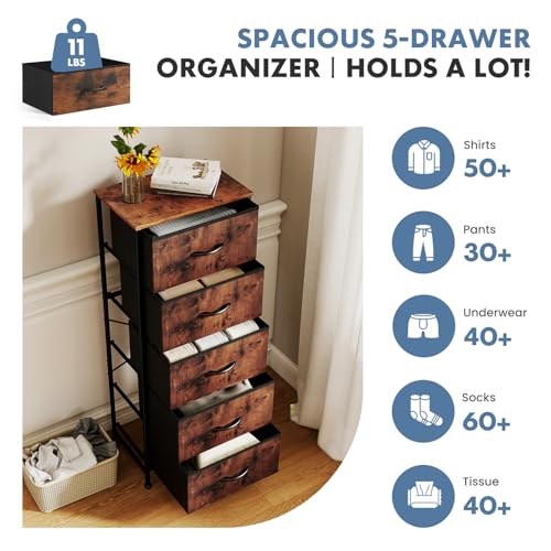 DUMOS Nightstand with 5 Fabric Drawers, Skinny Dresser | Night Stand Bedside Table, Removable Bins, Sturdy Steel Frame Wood Top, Storage Tower for Bedroom Closet, Rustic Brown