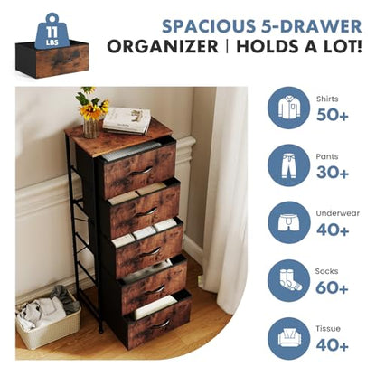 DUMOS Nightstand with 5 Fabric Drawers, Skinny Dresser | Night Stand Bedside Table, Removable Bins, Sturdy Steel Frame Wood Top, Storage Tower for Bedroom Closet, Rustic Brown