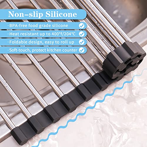 Roll Up Dish Drying Rack Over The Sink for Kitchen... (Black | Stainless Steel)