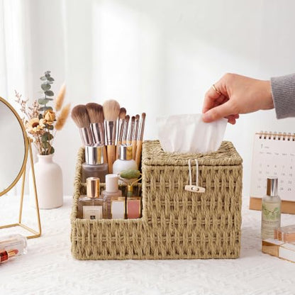 Tissue Box Cover with Storage, Wicker Paper Rope Square Tissue Box Holder | Tissue Remote Control Holder,Handwoven Decorative Cube Tissue Box Organizer for Bedroom Nightstand End Table,Natural