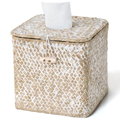 Seagrass Tissue Box Cover Square, Woven Wicker Tissue Box Holder, Whitewash | With Lid, Natural Seagrass, Handwoven, Boho Decor, Decorative Facial Cube Tissue Cover Holder for Bathroom Office Table