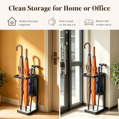 Umbrella Stand for Entryway, Sturdy Metal Umbrella Holder Indoor with Removable Drip Tray, Small Umbrella Rack for Long and Compact Umbrellas, Black Umbrella Storage Stand for Home Office