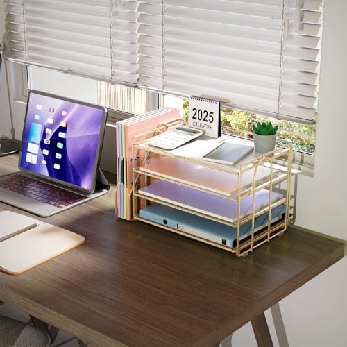gianotter 4-Tier Paper Organizer With Magazine Holder | Desk Organizers and Accessories, File Organizer for Office Supplies Storag (Gold, 4-Tier)