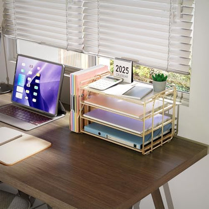 gianotter 4-Tier Paper Organizer With Magazine Holder | Desk Organizers and Accessories, File Organizer for Office Supplies Storag (Gold, 4-Tier)