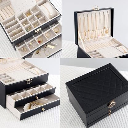Jewelry Box for Women Girl Wife 3 Layers Large PU... (Black | Metal)