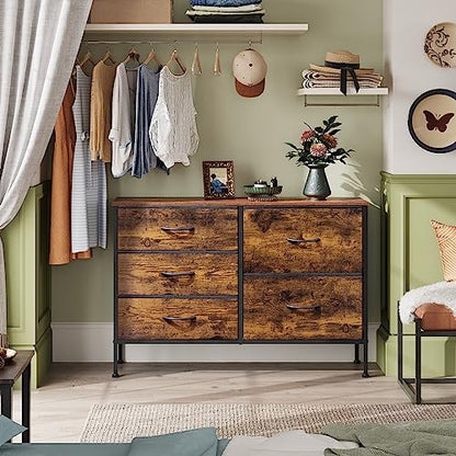 WLIVE 5 Drawer Fabric Dresser for Bedroom, Wide Storage Chest, Rustic Brown | 5-drawer wide fabric dresser with steel frame, multipurpose bedroom living room hallway dorm closet storage organizer