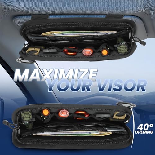 LEPHYON Molle Visor Organizer for Car, 1000D Polyester Tactical Panel Sun Glasses Holder with Zipper Pockets, Adjustable Straps for SUV Truck Pickup Patrol Car Storage (Black)