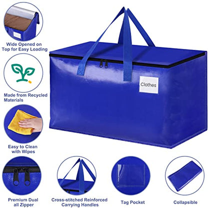 StorageRight Moving Bags, Moving Boxes, 93L 4-Pack Sotrage Bags Totes, Blue | Heavy Duty Storage Bins with Lids, Zipper, Reinforced Handles, Tag Pocket, Foldable Moving Supplies for Collge, Dorm,Travel