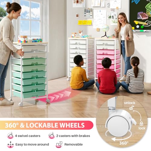 Rolling Cart with 8 Drawers for Art, Dorm, Office, Craft, White | Utility Cart Organizer With 8 Removable Drawers and Wooden Tabletop, Lockable Rolling Storage Organizer for Classroom, Home