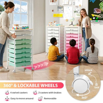 Rolling Cart with 8 Drawers for Art, Dorm, Office, Craft, White | Utility Cart Organizer With 8 Removable Drawers and Wooden Tabletop, Lockable Rolling Storage Organizer for Classroom, Home