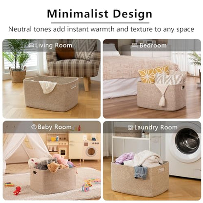OIAHOMY 75L Large Blanket Basket, 22”x17”x12” Woven Cotton Rope Storage Basket with Handle for Organizing Blanket and Toys for Living Room, Nursery, Brown Variegated
