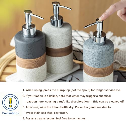 Ceramic Soap Dispenser Set for Hand Soap, Shampoo, Dish Soap, Conditioner, Bathroom & Kitchen, Stainless Steel Pump, Includes Silicone Funnel, 12 Oz, Non-Slip, Elegant Kitchen Decor, Gray