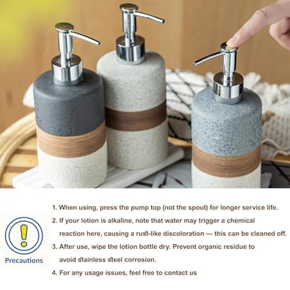 Dish Soap Dispenser Set with Silicone Funnel, Hand Soap, Shampoo, Body Wash, Ceramic Liquid Soap Dispenser for Kitchen and Bathroom Countertops, Stainless Steel Pump, Non Slip, 12 Oz, Black