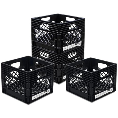4 Pack Storage Milk Crate, Heavy-Duty Versatile Box, Black | Plastic Open Top Multi-purpose Organizers with Easy-Grip Handles, Interior 12.25"L x 12.25"W x 10.5"H