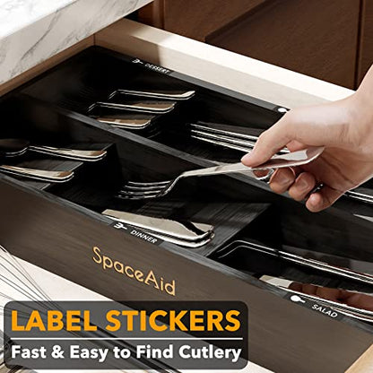 Bamboo Silverware Drawer Organizer with Labels, Ki... (Black | Bamboo)