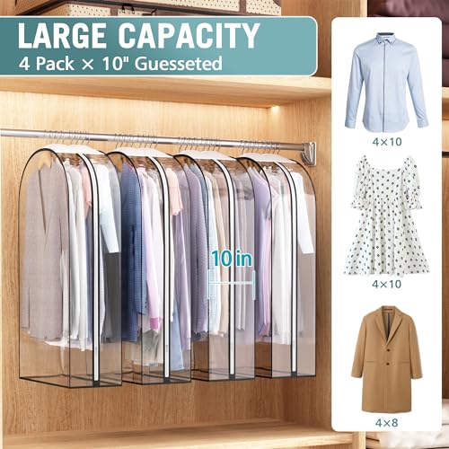 Liuoud Clear Garment Bags for Hanging Clothes 10” Gusseted, 4 Pack, 40” | Suit Bags for Closet Storage with Large Metal Zipper, Breathable odorless Hanging Plastic Clothes Cover for Coat Dress Fur