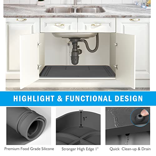 Under Sink Mats for Kitchen Waterproof 34"x22",Grey | Cut to Fit Design for Various Sizes, Leak-Proof Cabinet Protection,Durable Silicone Material,Versatile Home Use