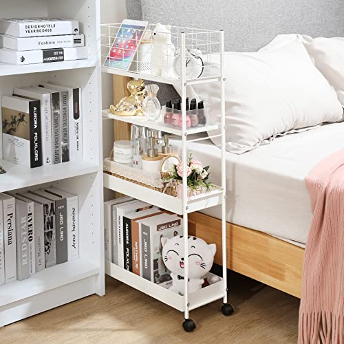 KINGRACK 4 Tier Slim Rolling Cart, Metal Utility Storage Cart with Wheels | 5.7" Raised Edge, Narrow Space Trolley Organizer for Bathroom, Kitchen, Office, Dorm, Laundry, Living Room, White