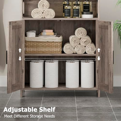 Homhedy Farmhouse Bathroom Storage Cabinet with Doors, Small Floor Cabinet | Toilet Paper Cabinet with Adjustable Shelf, Freestanding Storage Cabinet for Kitchen/Laundry/Living Room, 24"W, Greige