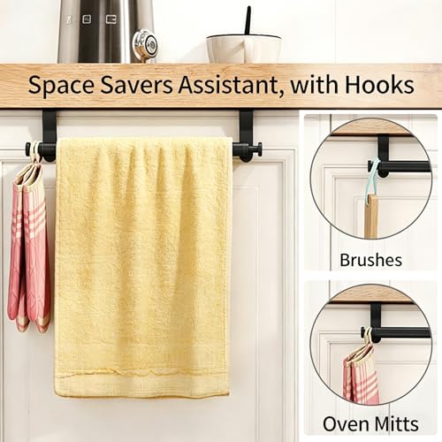 Over Cabinet Towel Holder with Hooks, 2 Pack Black Bars for Kitchen | Stainless Steel Over The Cabinet Towel Rack Bars, Dish Towel Holder for Kitchen Cabinet Doors
