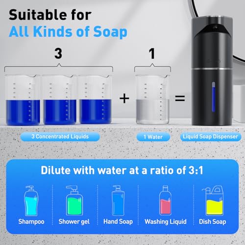 Automatic Liquid Soap Dispenser, 3 Levels for Kitchen and Bath | For Hand and Dish Soap, Responsive Sensor, Type-C Charging, 90-day Use, Wall Mountable, IPX5 Waterproof, 350ML, Black Gel