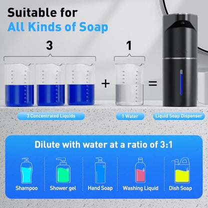 Automatic Liquid Soap Dispenser, 3 Levels for Kitchen and Bath | For Hand and Dish Soap, Responsive Sensor, Type-C Charging, 90-day Use, Wall Mountable, IPX5 Waterproof, 350ML, Black Gel
