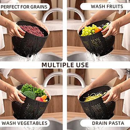 Metal Colander with Wood Handle and Stable Base, Powder Coated Steel Kitchen Strainer Basket for Draining Pasta, Vegetable and fruit(5.5quart,Matte Black)