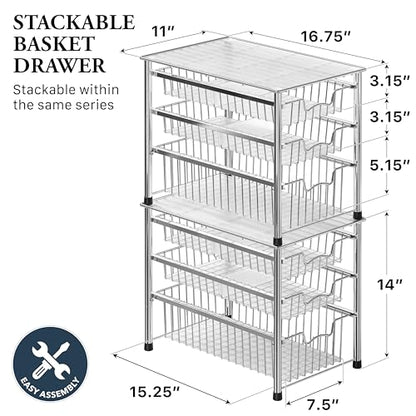 Simple Houseware Stackable 3 Tier Sliding Basket Organizer Drawer, Chrome