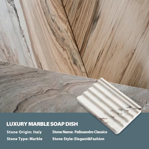 Natural Marble Soap Dish for Shower, Stone Soap Tray for Bathroom, Bar Soap Holder for Sink, Stripe Grooves Saver Stone Dish Tray Keep Bars Dry Easy Clean(Palissandro Classico)