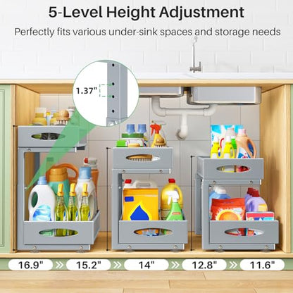 2 Pack Under Sink Organizer, 2 Tier Pull out Cabinet Organizer Mesh Baskets with 5 Adjustable Heights, Sliding Drawers Storage Shelf for Home, Kitchen, Bathroom, Pantry, Office, Countertop ,Grey