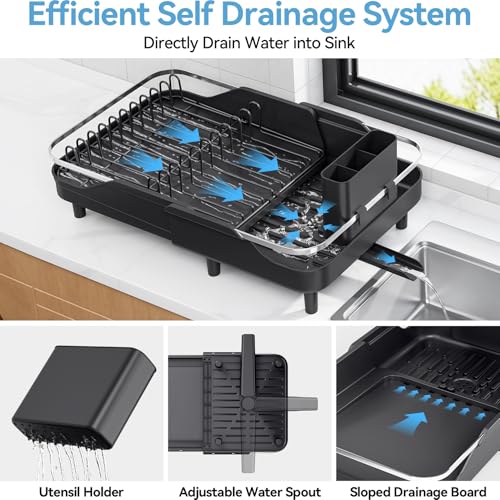 Urackify Expandable Dish Drying Rack for Kitchen Counter,16.2-23.7in,Black | Adjustable Capacity, Countertop-Stay-Dry Drainboard, Heavy-Duty Steel, Stable Plate Rack, Spave Saving for Apartment,RV,Dorms