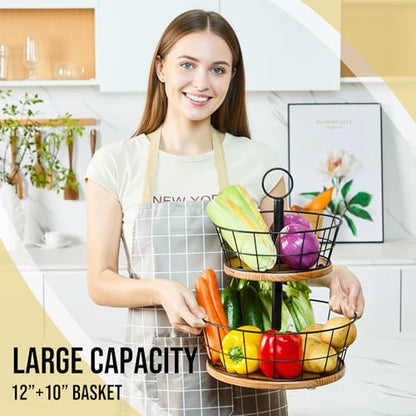 2 Tier Fruit Bowl - Sturdy Iron Wire Fruit Basket with Real Wood Base, 12 Inch Large Fruit Basket for Kitchen Counter, Anti-Slip Silicone Pads, 2 Tier Fruit and Vegetable Storage Solution