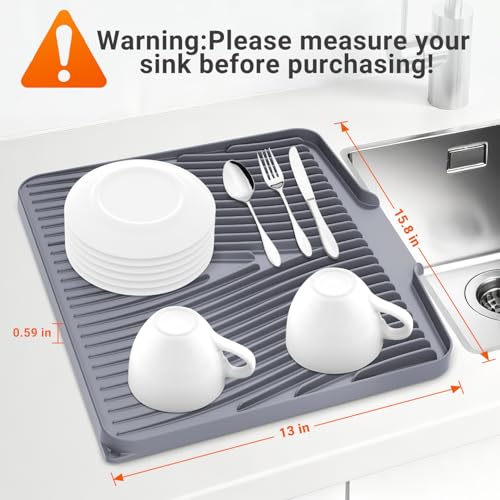 Silicone Dish Drying Mat for Kitchen counter, 15.8"x13" Extra Large Non-Slip Drain Pad with Built-in Drainage, Heat Resistant Dishwasher Safe, Drainage Spout & Hanging Hook, Grey